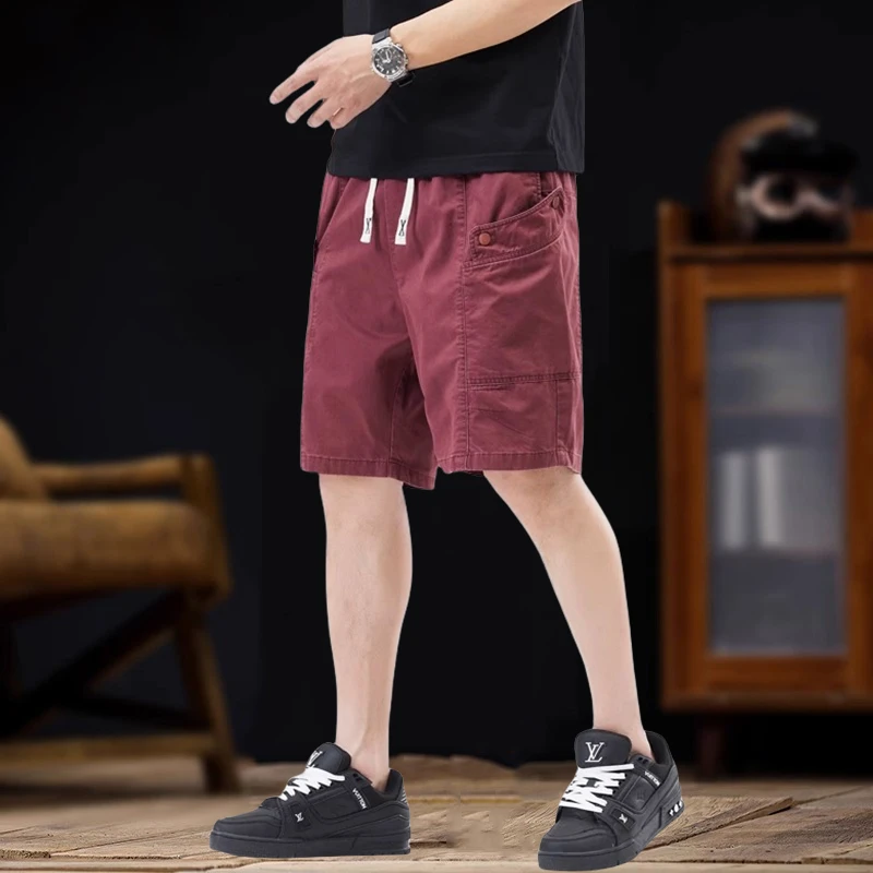 高品质枣红色重磅工装短裤男夏季宽松潮牌五分裤休闲中裤男士裤子