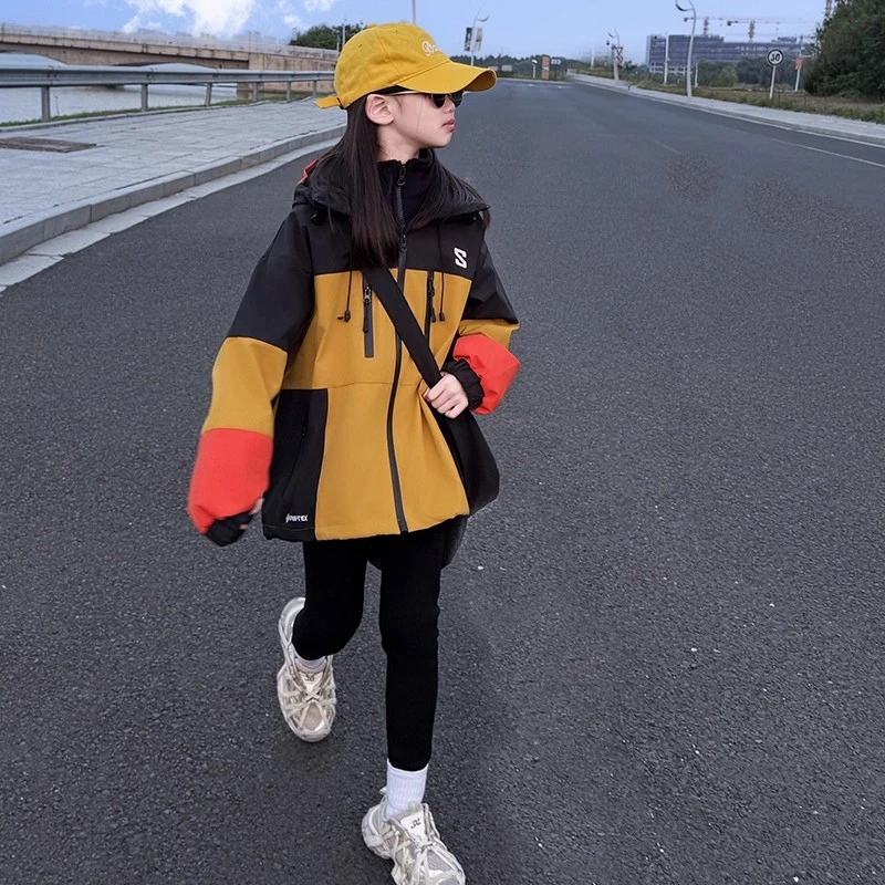 女童韩系拼色秋冬季加厚冲锋衣2025新款女孩冬装潮流时尚连帽外套