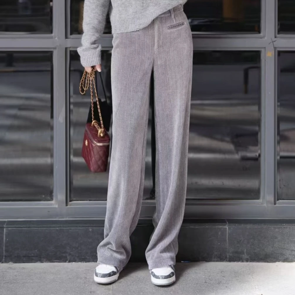 新款秋冬休闲质感链条加厚雪尼尔中腰直筒长裤510058-1休闲裤