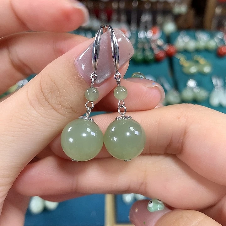 和田玉银S925镶嵌耳饰天然卡12mm左右冰晴水