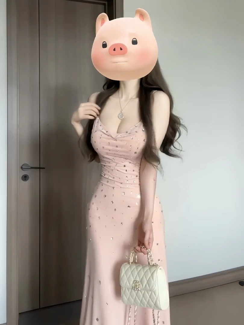 2025夏季重工镶钻内搭礼服吊带连衣裙女性感纯欲收腰显瘦包臀裙子