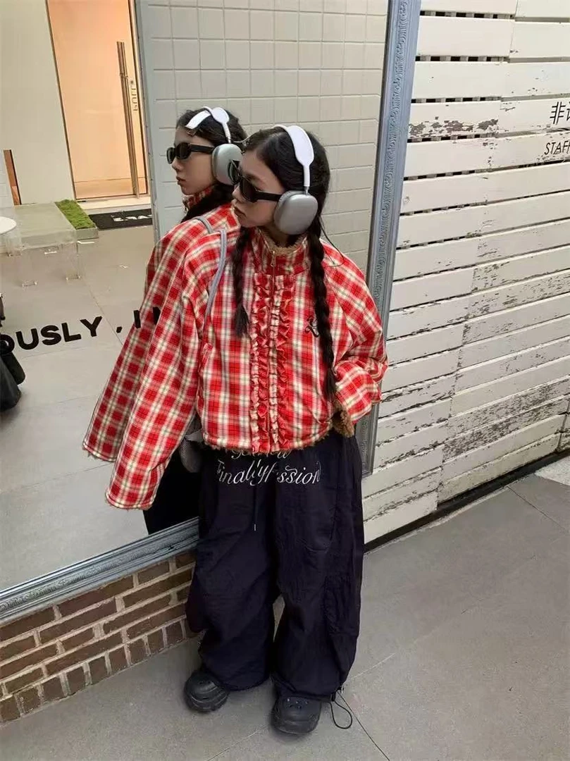 【当日发】加厚美式复古立领格子棉服外套刺绣弯刀阔腿裤套装