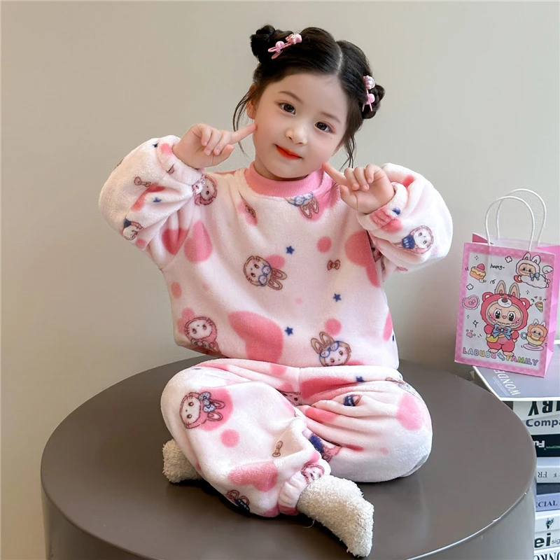 女童法兰绒睡衣秋冬新款儿童可爱拉布布保暖家居服女宝宝冬季套装