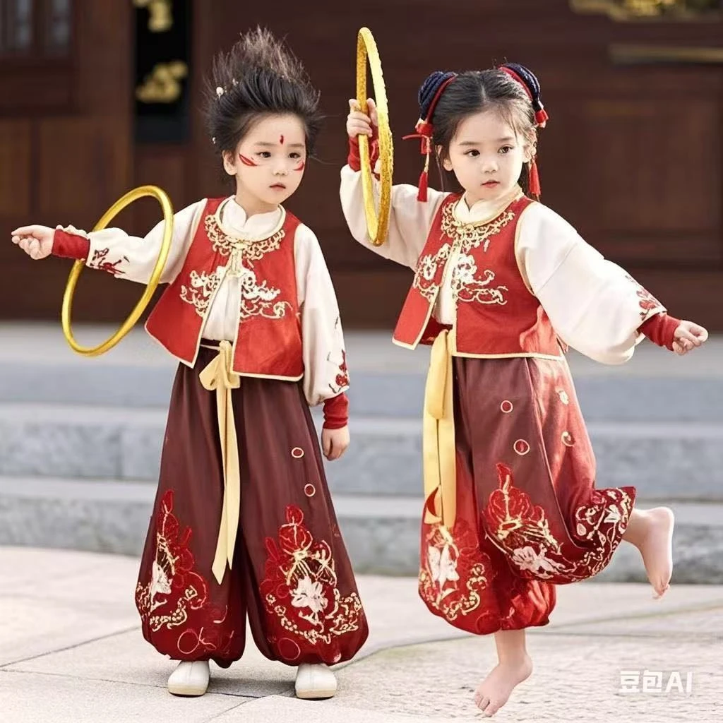 儿童汉服哪咤服装中国套装国潮女童春装哪吒cos服男