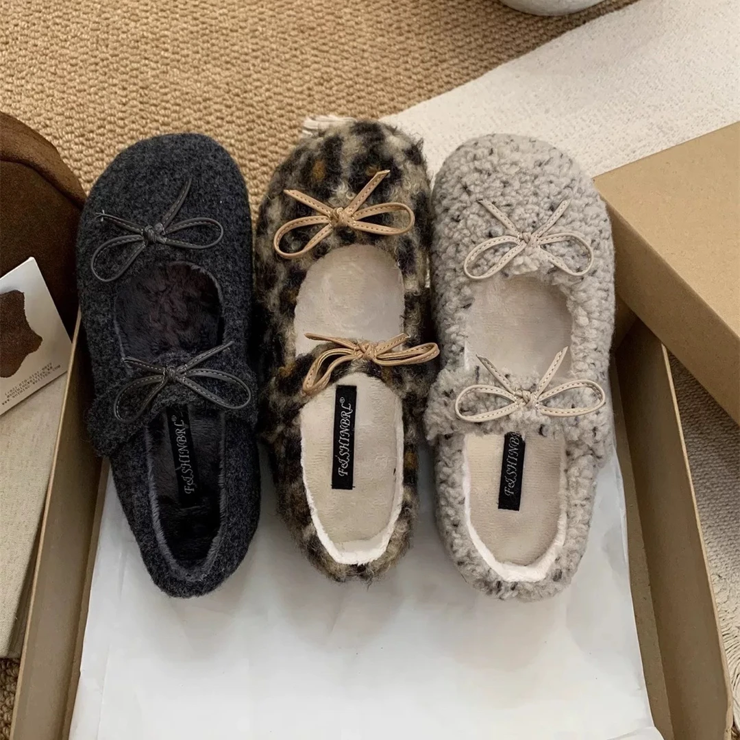 浅口秋季圆头韩版保暖胶粘豆豆鞋冬季豹纹深口法式