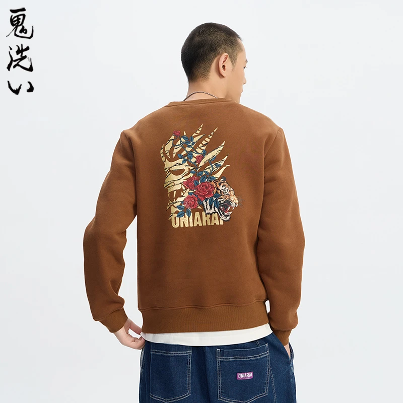 ONIARAI/鬼洗玫瑰老虎金色加绒套头卫衣B25U201