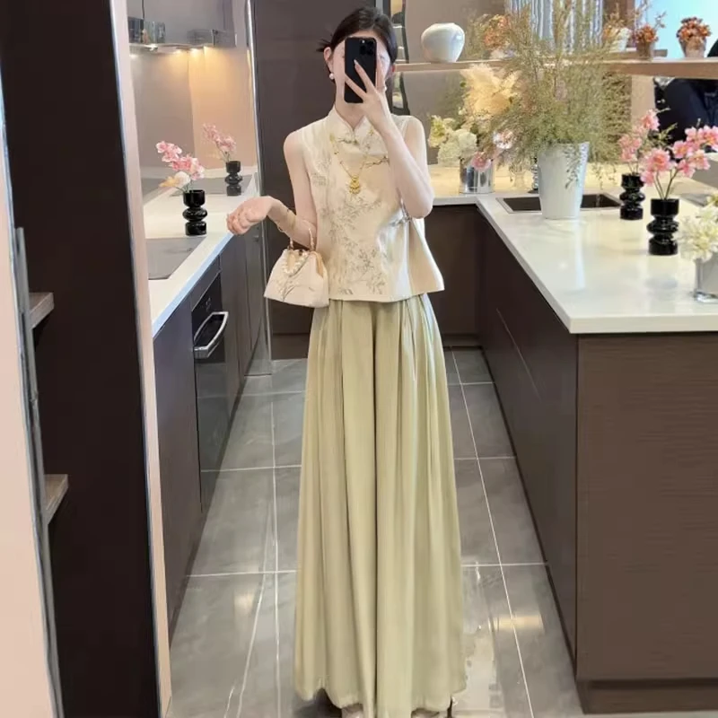 夏装气质高级感超好看新中式无袖衬衫阔腿裤两件套套装女509