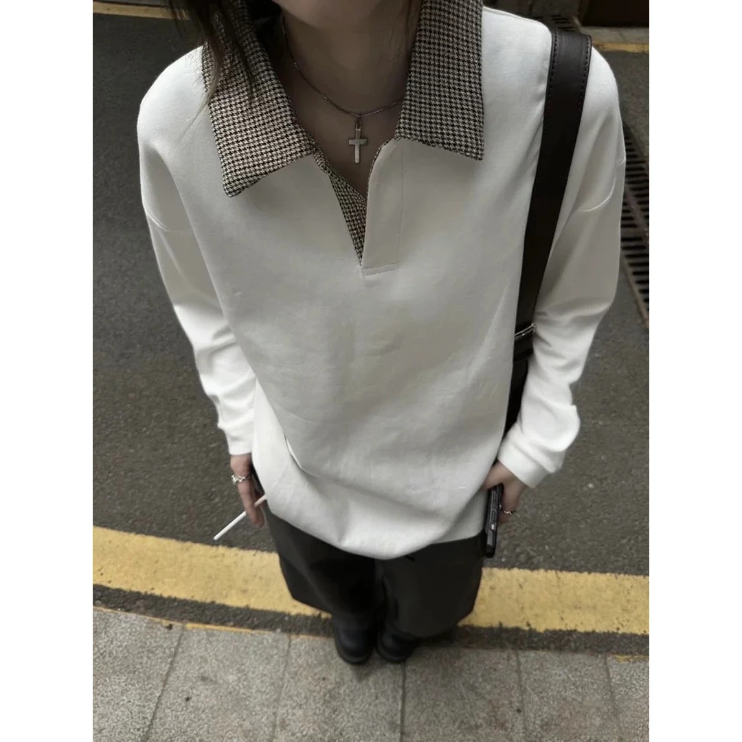 白色千鸟格拼接polo衫男款早秋穿搭长袖t恤慵懒松弛感正肩打底衫