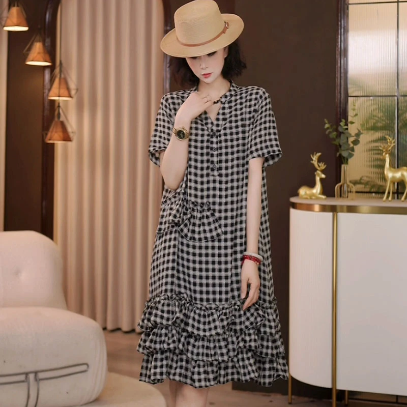 9071-6818夏季新款韩版2025宽松休闲时尚V领花边格子连衣裙女