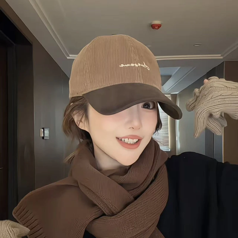 高定款灯芯绒软顶韩版帽子棒球帽女秋冬刺绣时尚百搭拼接鸭舌帽女