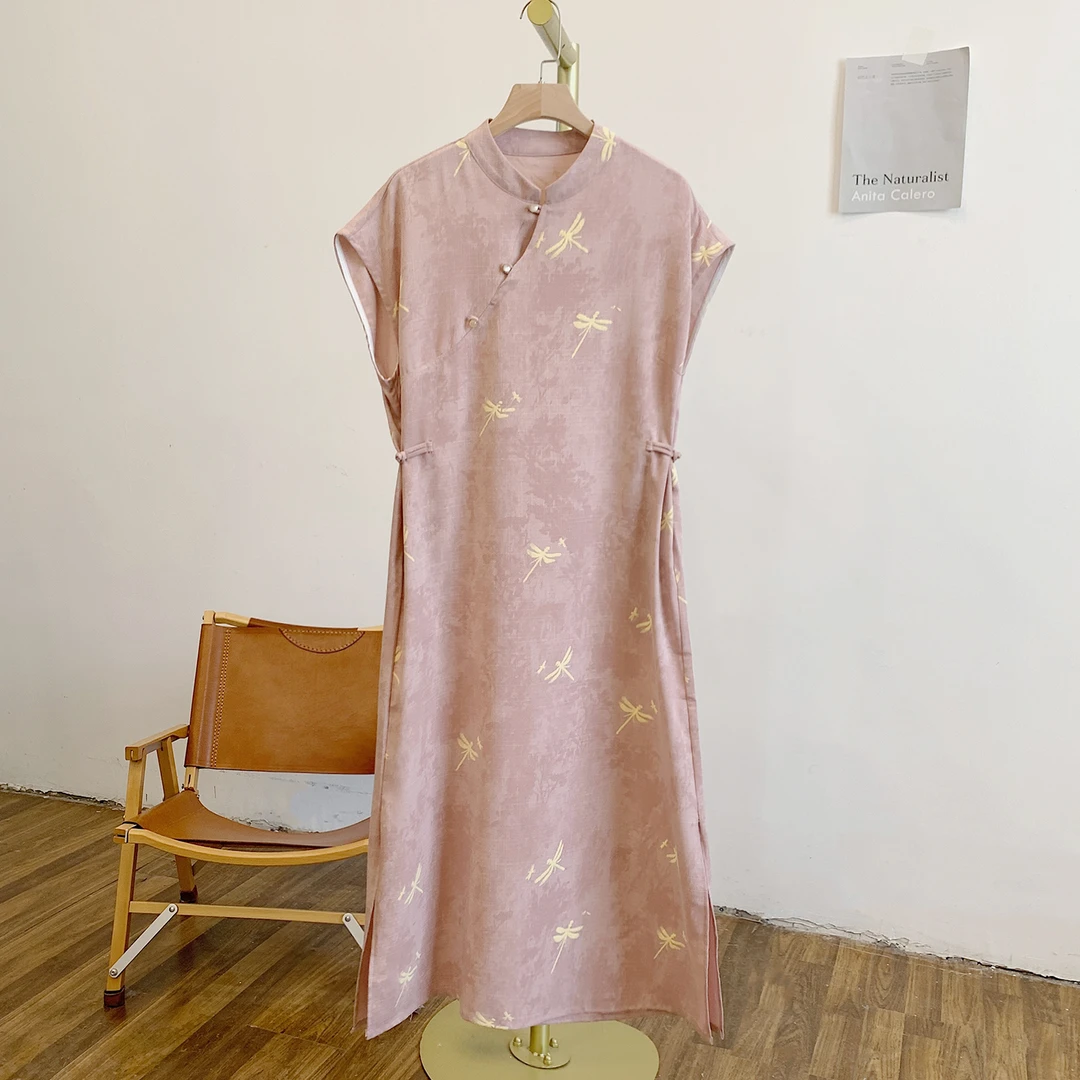 C4370植绒蜻蜓腰侧盘扣斜门襟立领连衣裙