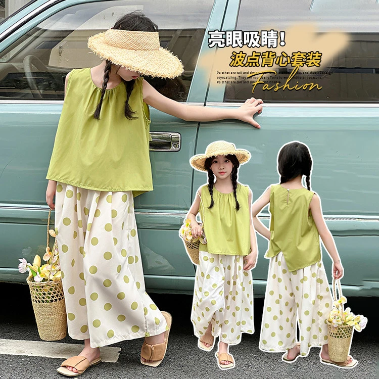 635绿圆点休闲两件套装现货风格韩版