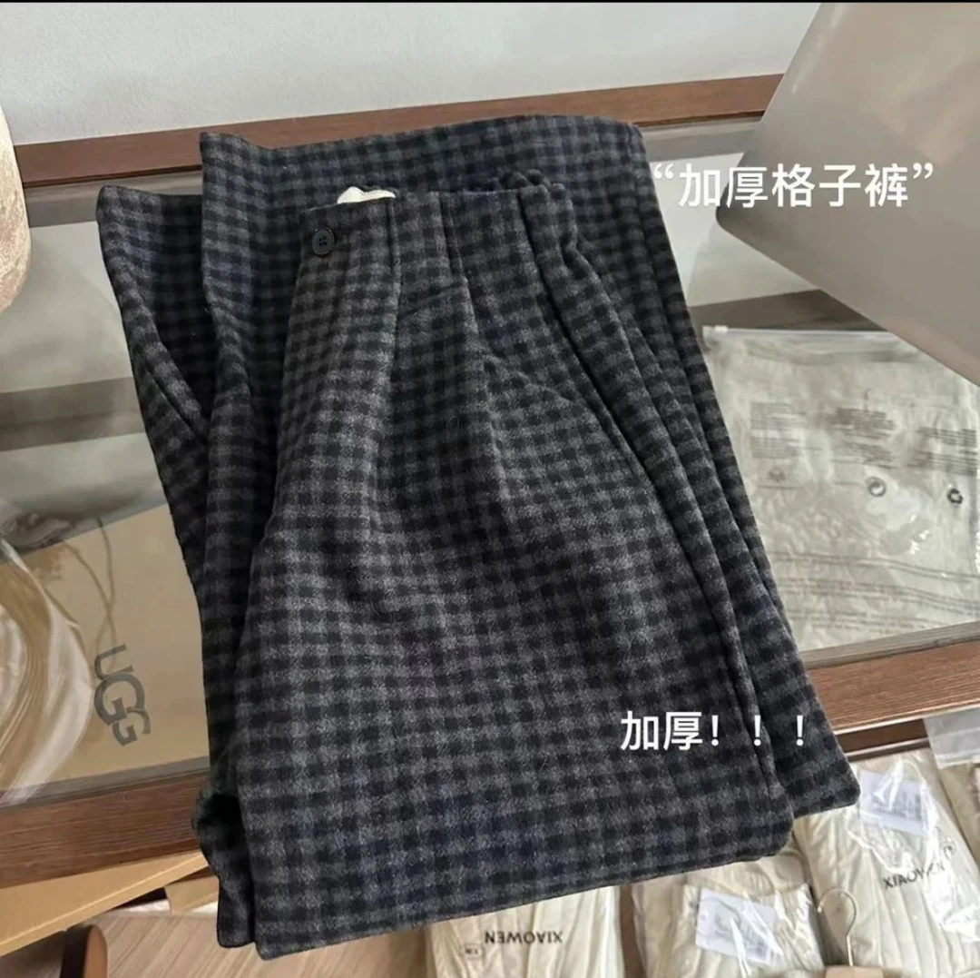 2025秋季新款格子裤加厚复古半松紧垂感设计感宽松时尚显瘦阔腿裤