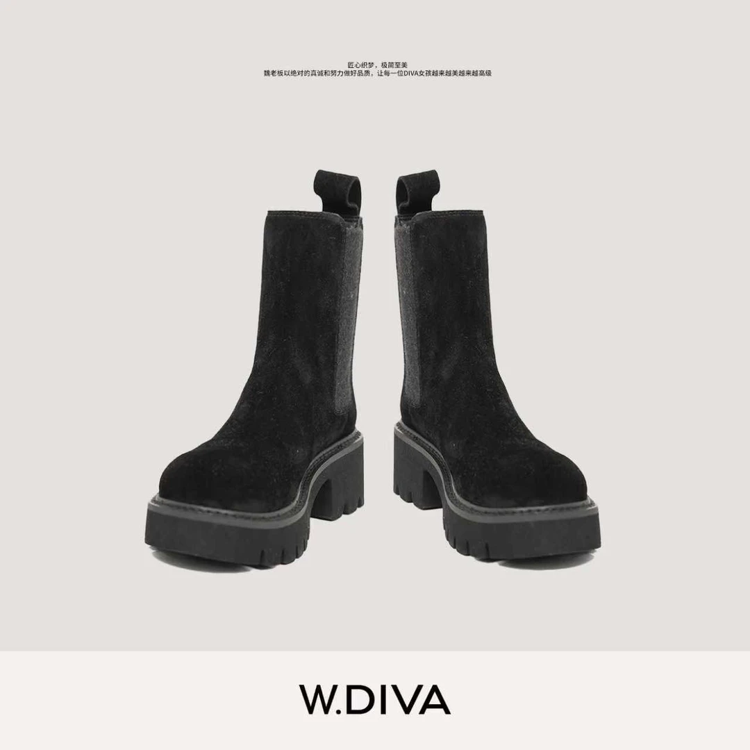 W.Diva【黑的概述】秋季新款复古做旧反绒小牛皮马丁靴53X262868
