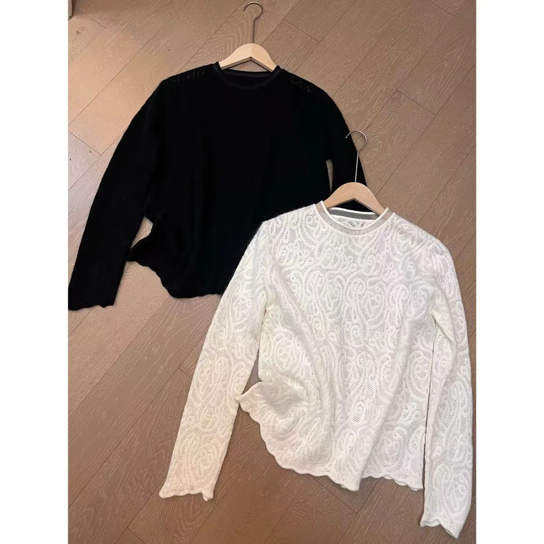 小静静一会 【腰果花蕾丝贴布上衣】绣波浪锁边打底2412B5959