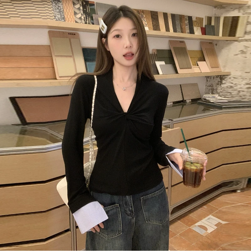 胖MM大码V领不规则设计感修身显瘦气质条纹拼接长袖T恤上衣