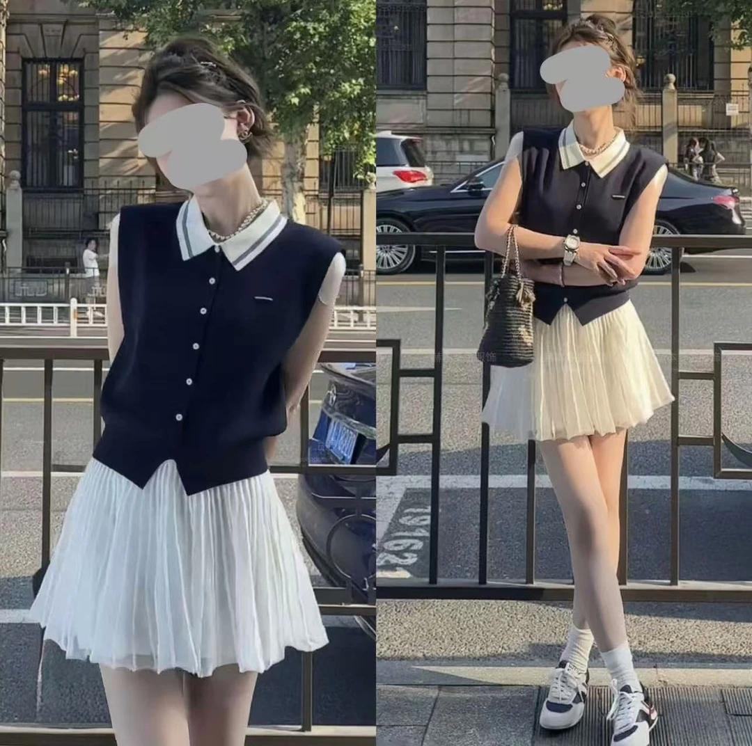 2025夏季新款无袖POLO领针织衫上衣套装纯欲显瘦半身裙潮流衣服女