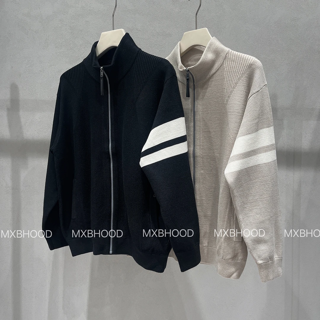 【阿信】羊毛混纺针织开衫男士休闲双杠拼色立领毛衣92735