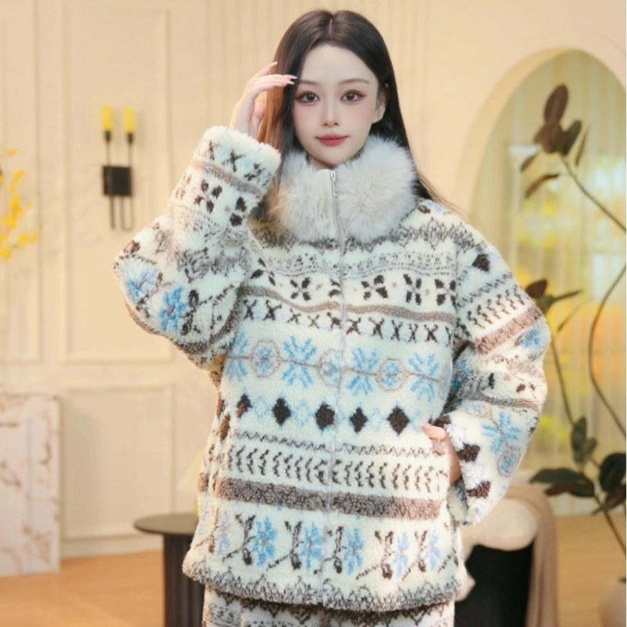 高级感穿搭珊瑚绒睡衣女秋冬季新款立领开衫外套毛绒绒家居服套装