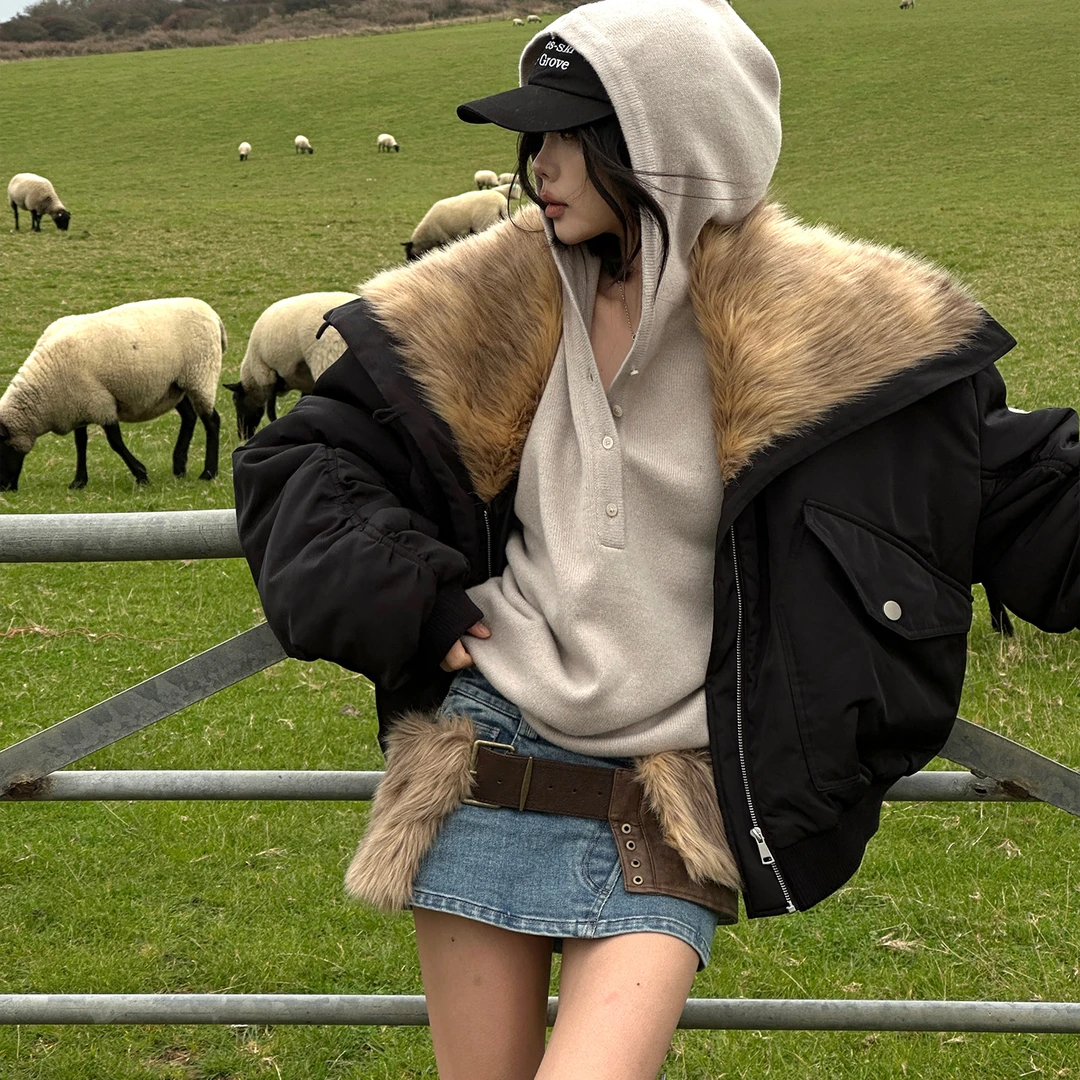 韩好甜WARDEN EDGE 100%纯羊毛卡其色宽松连帽毛衣