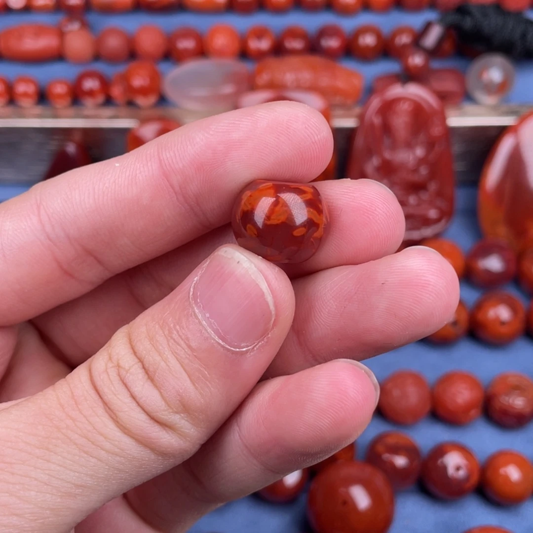 南红玛瑙未镶嵌其他14mm瓦西玫红火焰纹原矿苹果珠