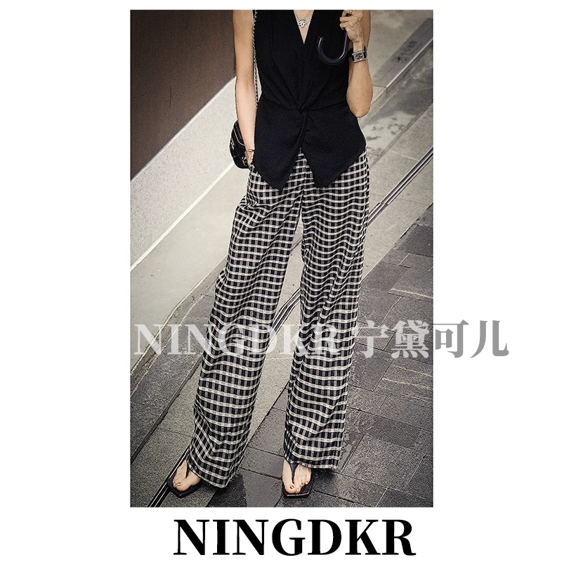 黛B40432复古黑白格子直筒裤女高腰显瘦慵懒风宽松休闲显高长裤子