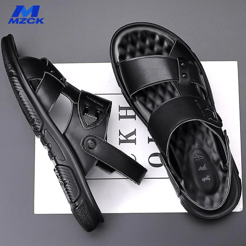 MZCK牛皮软底沙滩鞋男凉鞋夏季大码中老年爸爸凉拖鞋休闲外穿耐磨