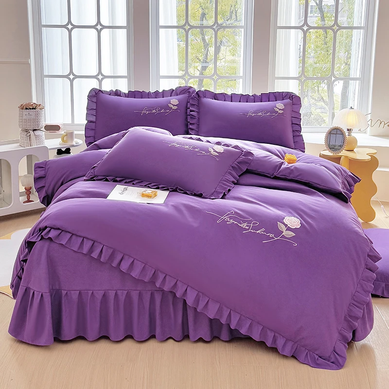 韩版亲肤水洗棉磨毛花边刺绣四件套床裙款四季可床上用品