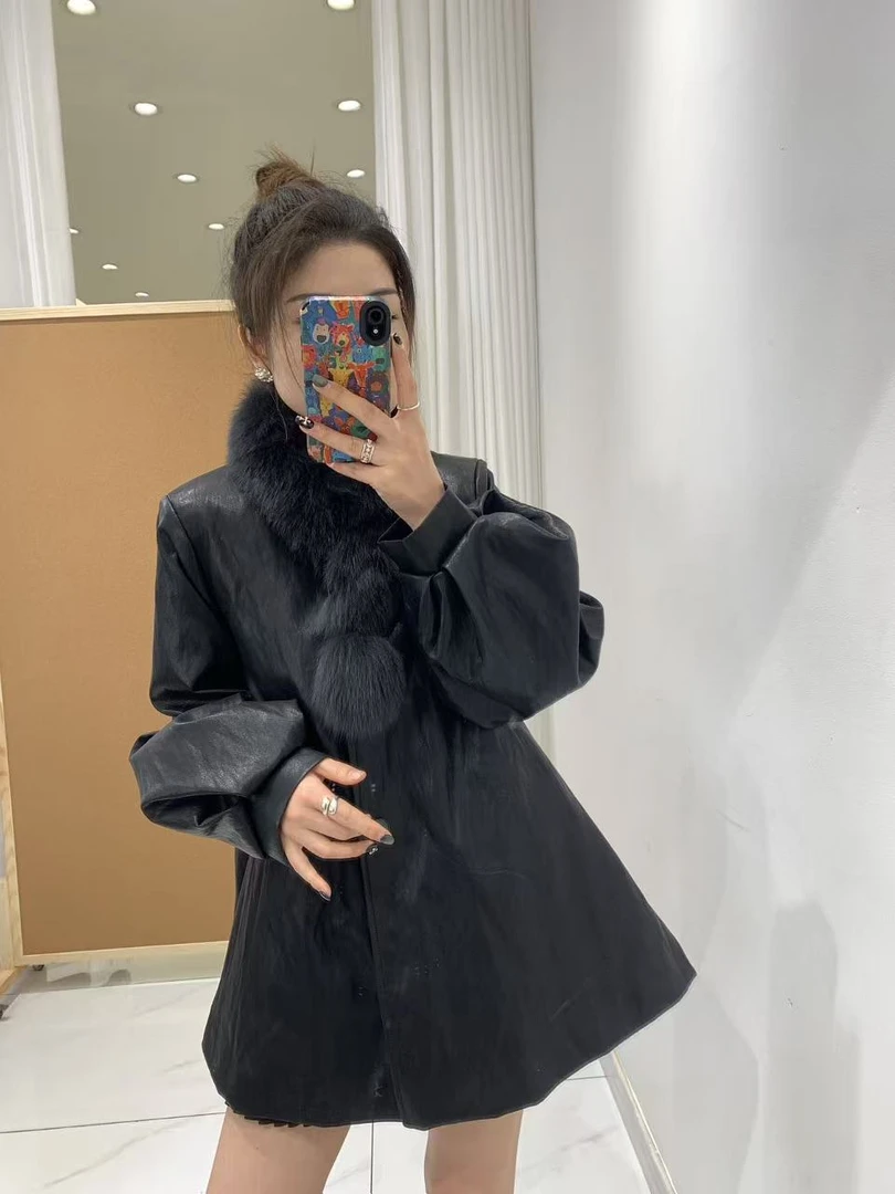 可米 新款气质休闲黑色设计师加厚真毛A版显瘦皮羽绒25385(衣长73