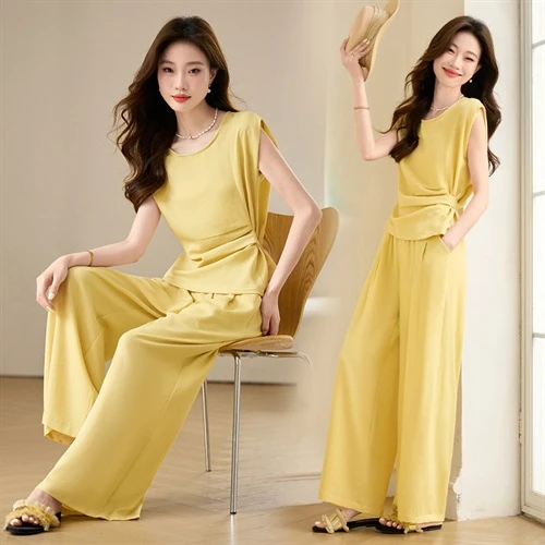 新款时尚韩版设计款收腰显瘦绑带圆领纯色纯欲简约慵懒风套装阔腿