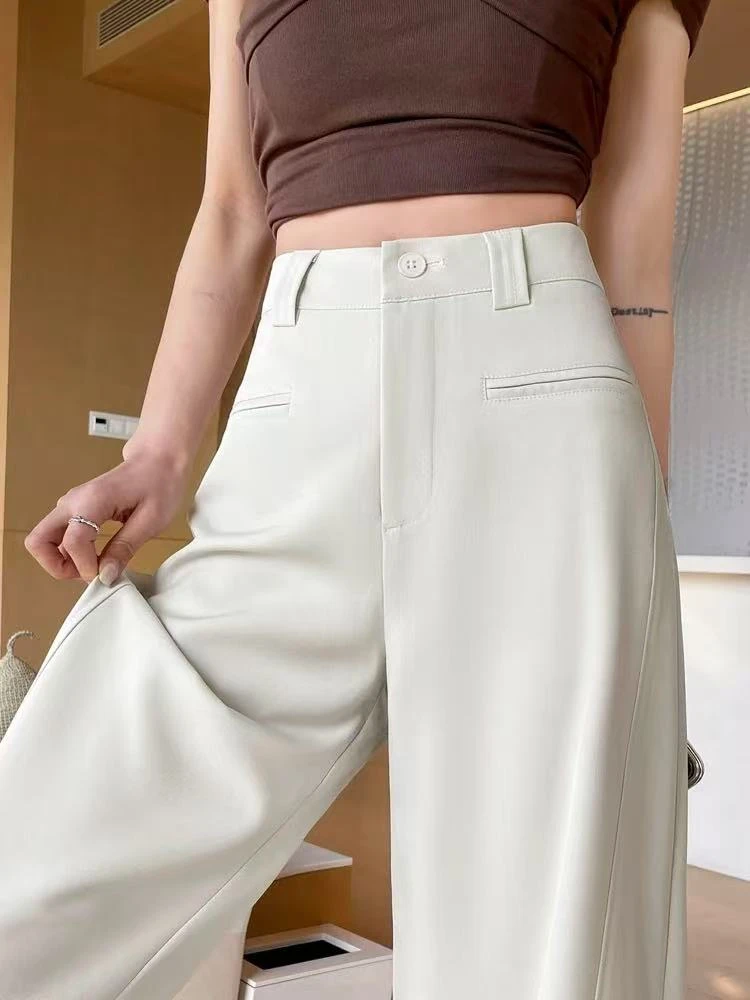 春夏薄款气质时尚百搭褶皱窄版直筒阔腿裤中高腰垂感休闲裤