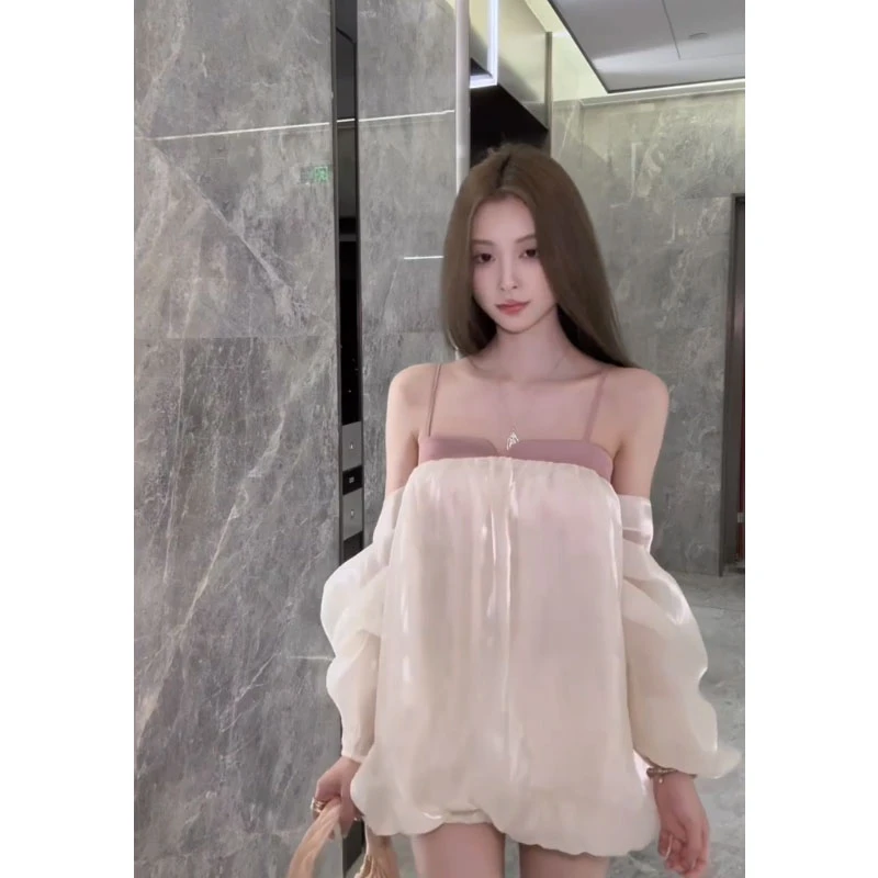 夏季新款2025小众时尚高级感甜美露肩泡泡袖纯欲风连衣裙显瘦短裙