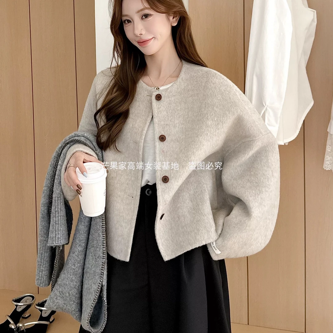 8899#韩系双面呢大衣女短款新款圆领阔版小个子单排扣羊毛呢外套