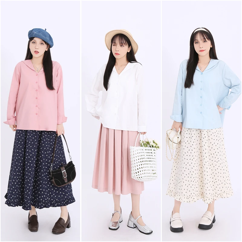 【涵胖胖】学院风海军领衬衫长袖 蓝色甜妹宽松衬衣 SY2693