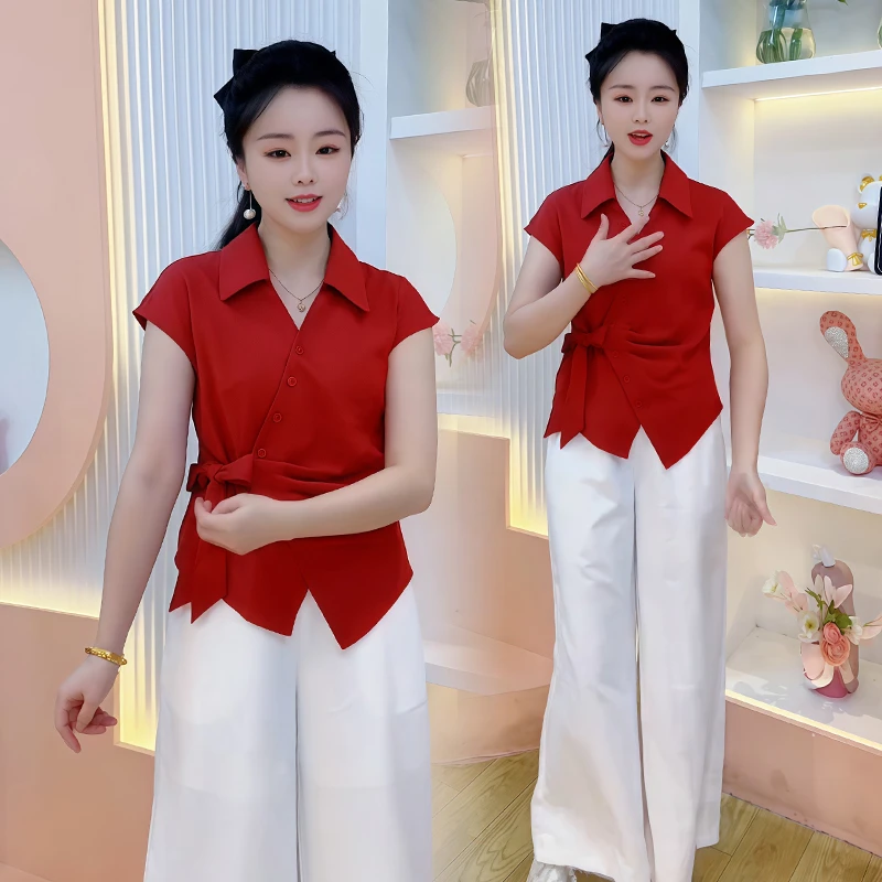 设计感休闲套装女2025年夏季新款不规则收腰显瘦上衣阔腿裤两件套