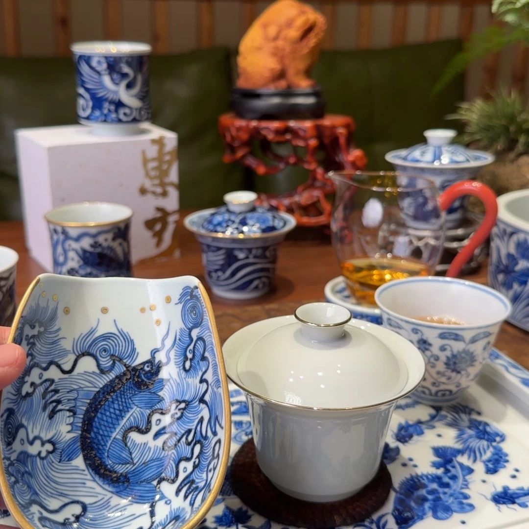 盖碗瓷2.0白金马蹄盖碗➕描金鱼化龙茶则