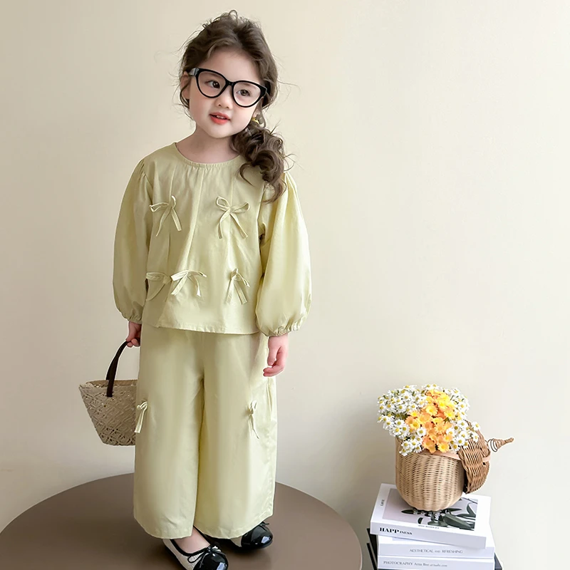 女童春装套装2025新款儿童春季洋气时髦蝴蝶结宝宝韩版休闲两件套