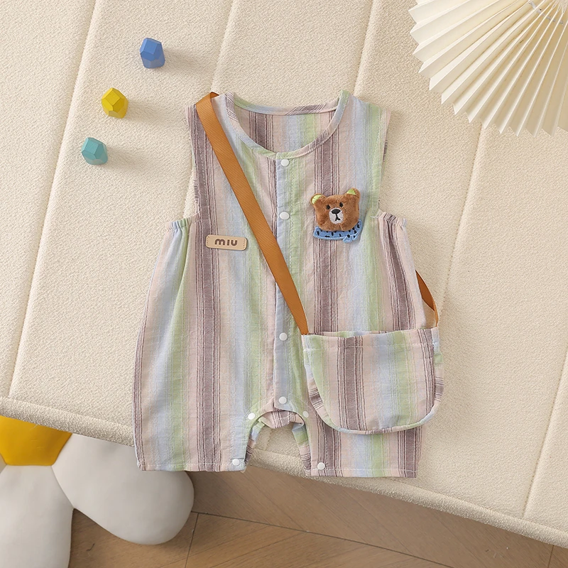 夏季极简风哈衣爬服洋气时尚带包竖条宽肩夏哈衣新生儿宝宝