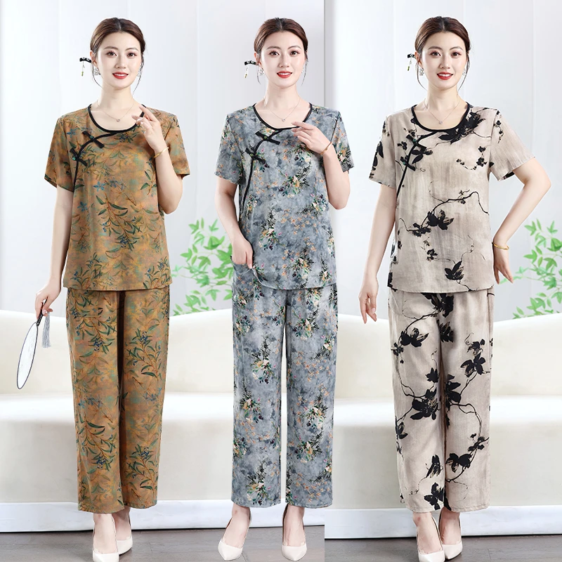 中老年人造棉盘扣两件套装女士夏季短袖宽松套装国风民族风妈妈装