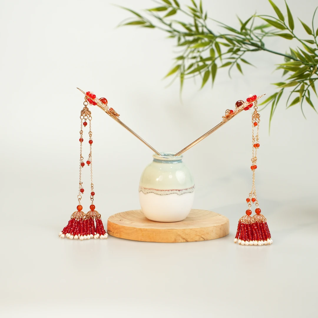 古悦倾城【明台】古风汉服发饰红色复古国风简约簪发