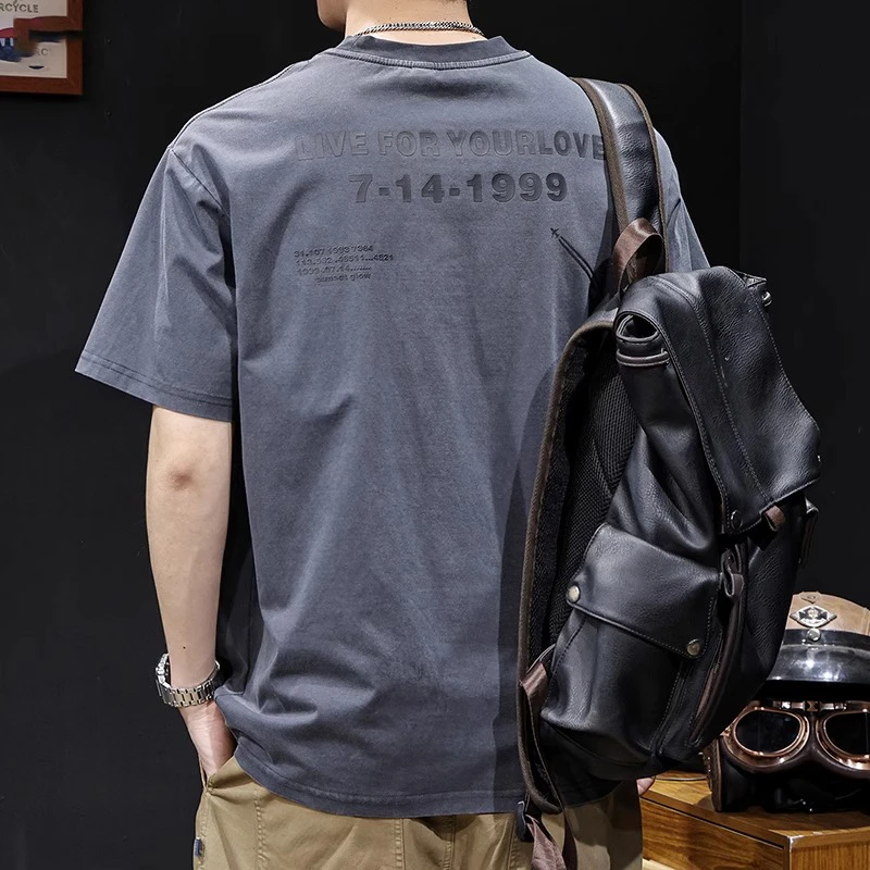 LEIGHZ/雷茨重磅短袖t恤男士夏季新款美式复古水洗印花大码上衣