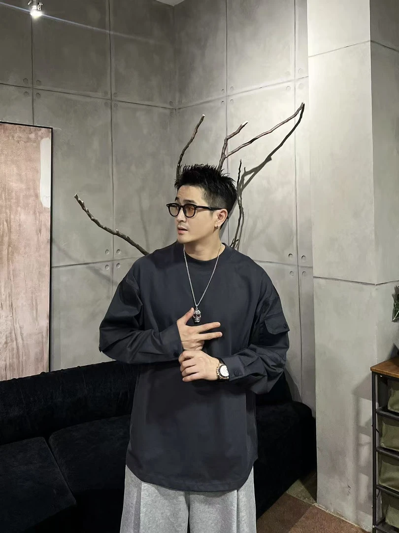 XDZZ二狗25ss秋季美式纯色休闲宽松袖边口袋设计纯棉长袖T恤Y7189