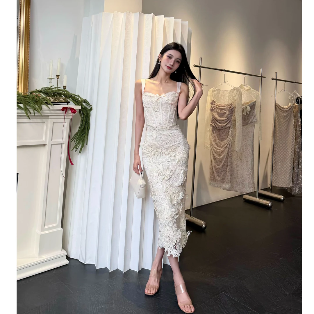 【JINGGUO轻奢】小众设计感法式刺绣蕾丝抹胸性感长款连衣裙7488