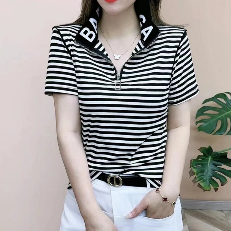 彩羊2025夏季新款短袖拉链恤女修身显瘦百搭设计感小众棉上