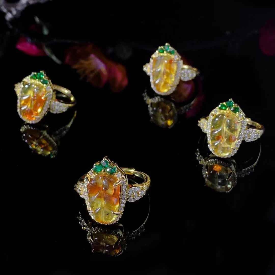 MT2559【福嘟嘟】琥珀红花虫草花珀叶子戒指-多样性只发一件