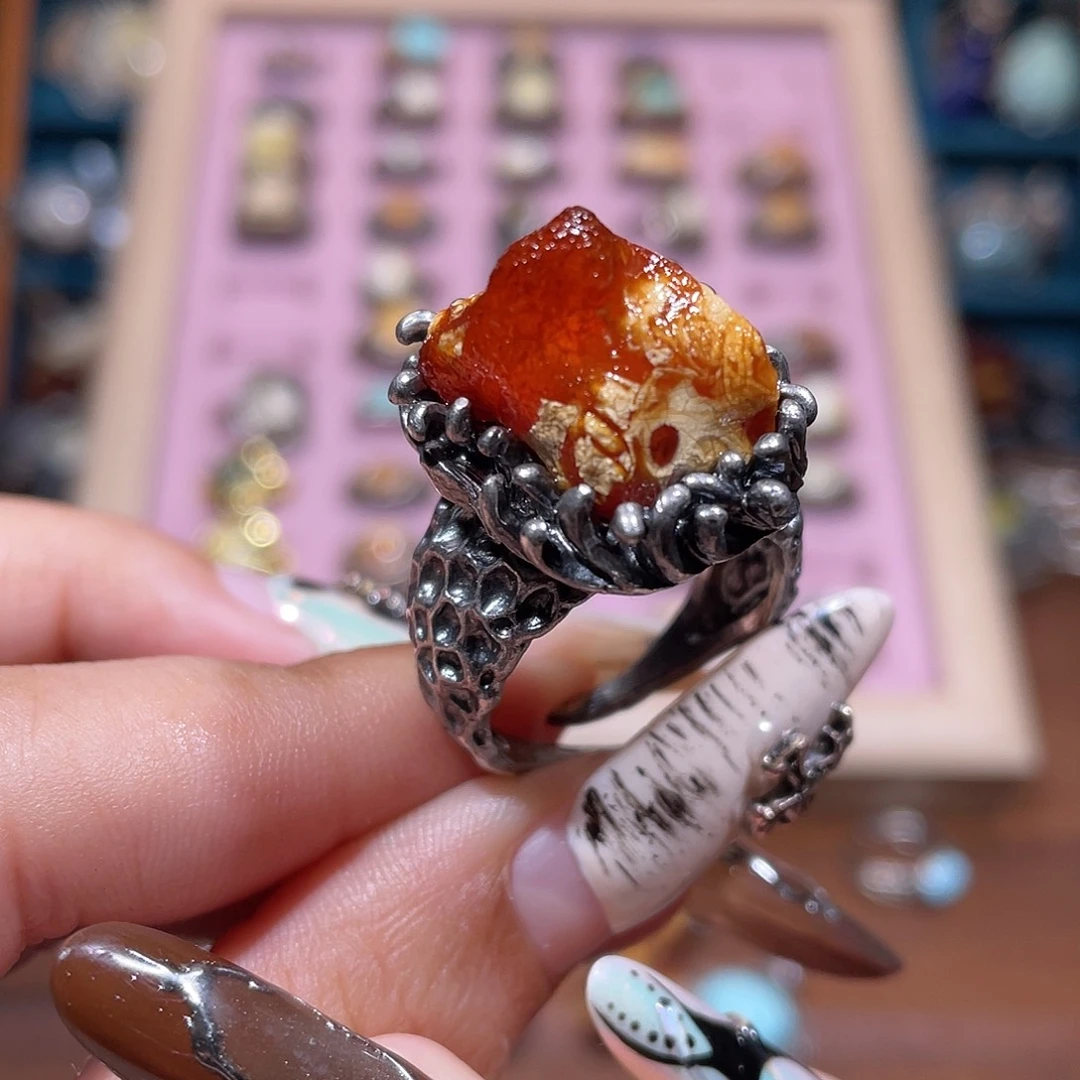 琥珀银S925镶嵌戒指