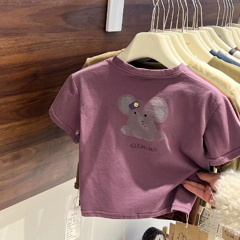 韩版儿童卡通紫红短袖T恤2025新款男童女童可爱小象印花百搭上衣