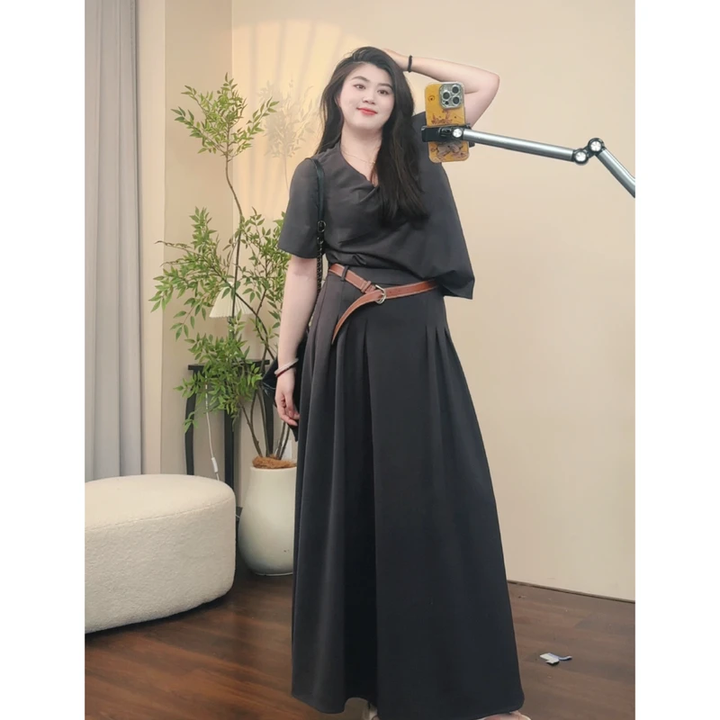 现货【小稳专属】微胖大码新款v领短袖上衣搭半身裙大摆裙套装5075