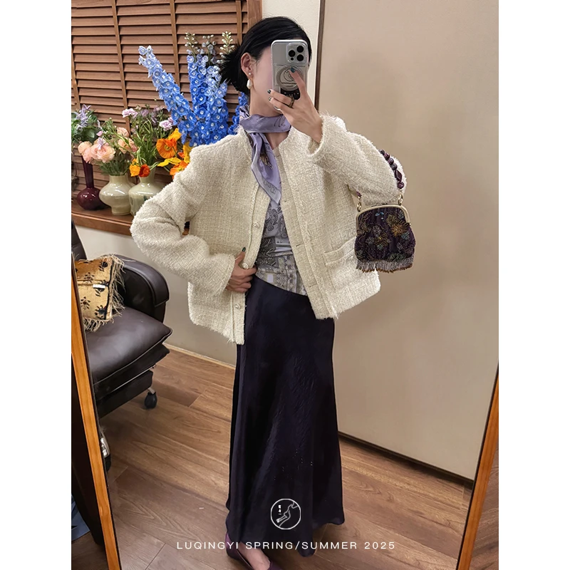 鹭青一原创【雨霄】羊毛编织小香外套女早春白色短外套L25W7407B