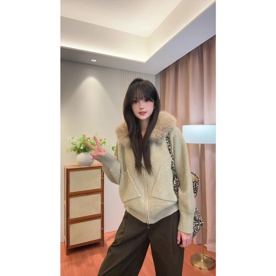 秋冬新款时尚百搭连帽毛领休闲显瘦毛衣外套针织开衫